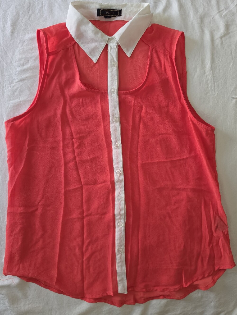VTG 2010s Pearl Sheer Neon Coral Sleeveless Blouse White Collar M Y2K 2000s